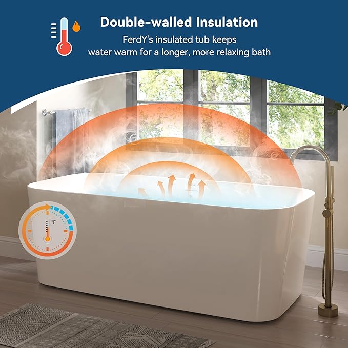FerdY Maui 67" Acrylic Freestanding Bathtub, Contemporary Elegant Design Soaking Tub with Brushed Nickel Drain and Minimalist Linear Design Overflow, Easy to Install, 02563