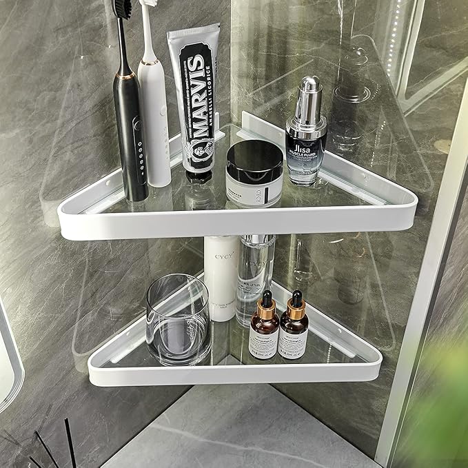 VOLPONE Bathroom Shelves Wall Mounted Glass Corner Shelf for Bathroom Floating Shelf Tempered Glass Wall Organizer 2-Tier(White)