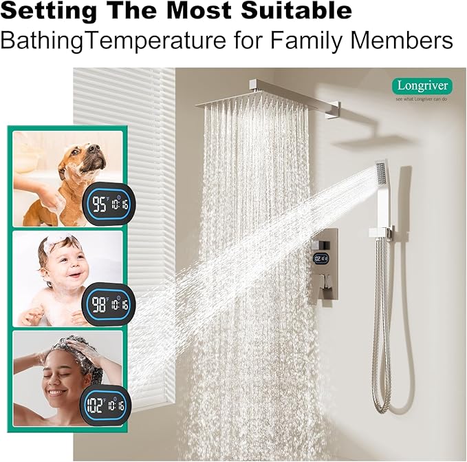 Shower Faucet Set with Hydro Power Temperature Display, Shower System Bathroom 10 Inches Shower Head with Handheld Spray, Wall Mounted Shower Fixtures with Shower Valve and Trim Kit, Brushed Nickel