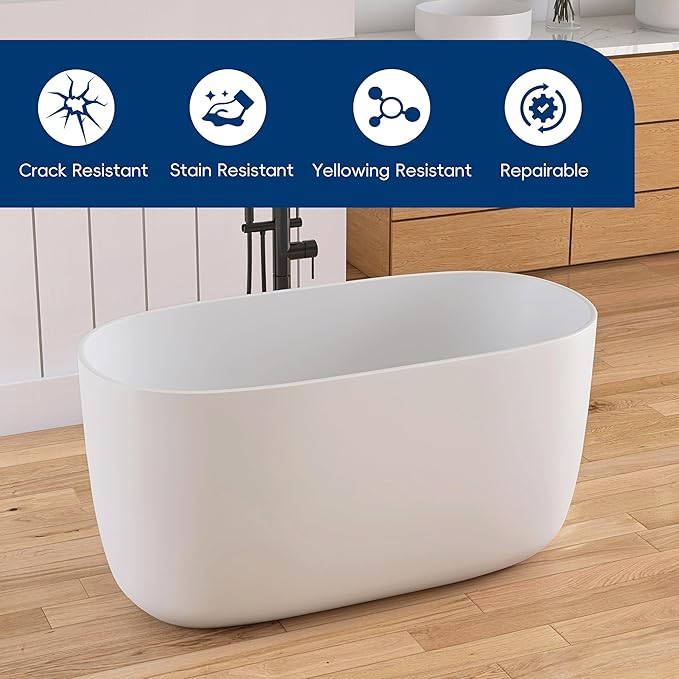 47" Stone Resin Freestanding Bathtub, Oval Solid Surface Bathroom Freestanding Tub, Thin Edge Stand Alone Tub with Integrated Slotted Overflow and Pop-up Drain, Matte White AMG025-1200