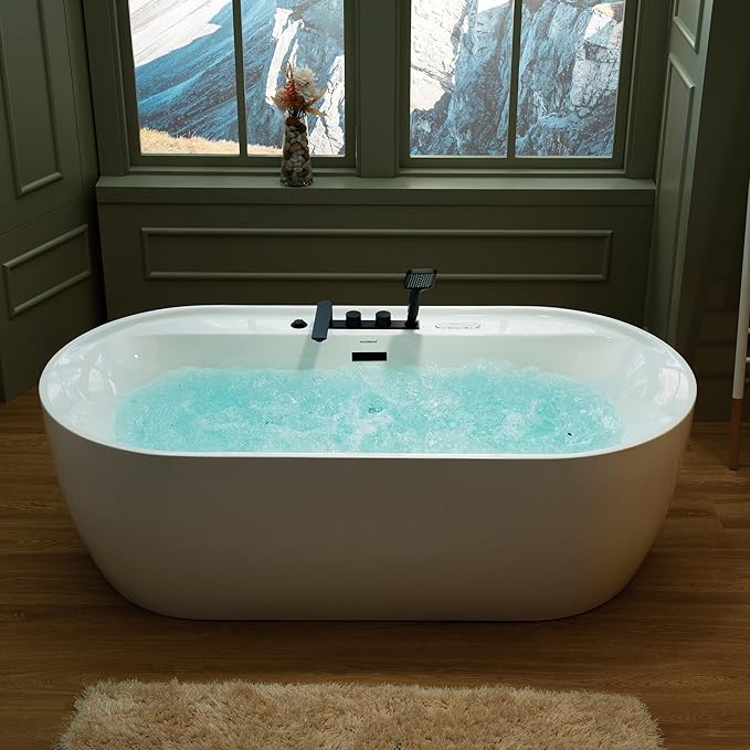 WOODBRIDGE 72" x 35-3/8" Whirlpool and Air Bath Heated Soaking Combination Tub with Adjustable Speed Air Blower, Tub Filler, and LED control panel, Matte Black Finish Trim and Drain Kit, BM500+F0051MB