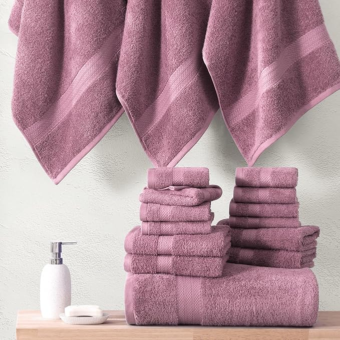LANE LINEN 100% Ring Spun Cotton Bath Towel Set, 18PCs - 4 Shower Towels, 8 Washcloths, 6 Hand Towels for Bathroom - Sustainably Produced, Ultra Soft & Highly Absorbent - Wistful Mauve