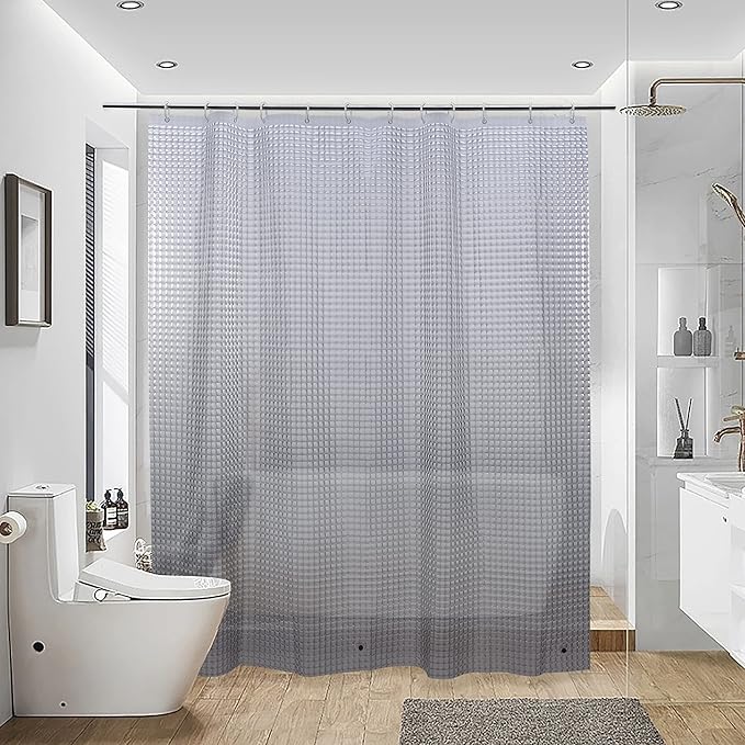 NTBAY EVA Semi-Transparent Clear Shower Curtain with Gray Checkered, Waterproof Liner with 3 Magnets for Bathroom, 72x72 Inches