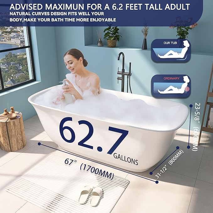67" Acrylic Free Standing Tub, Stand Alone Tub, Freestanding Bathtub, Soaking Bathtub, cUPC Certified, PE(Glossy White)