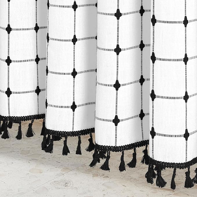 MitoVilla 36 x 72 Small Stall Boho Shower Curtain Set, White Black Narrow Polyester Linen Fabric Shower Curtains for Farmhouse Bathroom Decor, Half Size Cloth Shower Curtain Set with Hooks