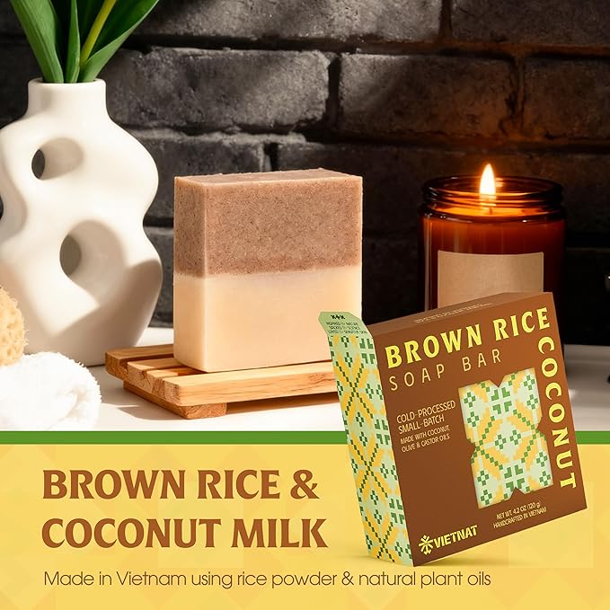 Brown Rice & Coconut Soap Bar (Pack of 3) – 2-in-1 Exfoliating & Nourishing, Cold Process Handmade Soap with Rice Bran & Coconut Milk, Gentle Daily Body Bar