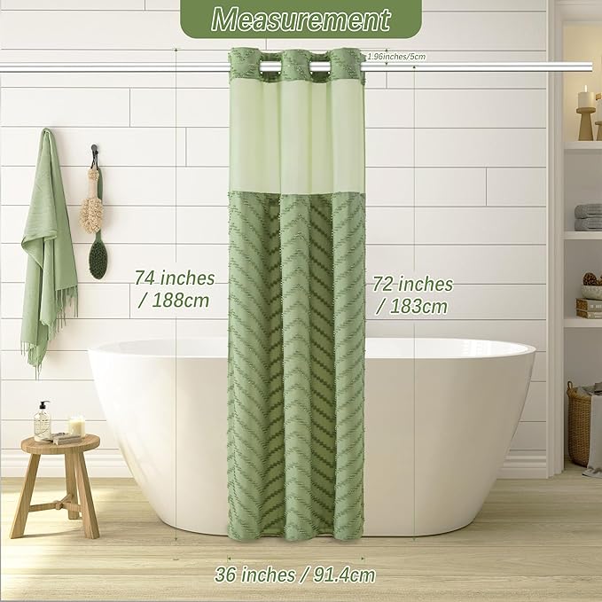 No Hooks Stall Fabric Shower Curtain with Snap in Liner- Water Repellent Tufted Chevron Striped Shower Curtains for Bath Tubs, Narrow Hotel Quality Bath Curtain Set, 36Wx74H, Sage Green