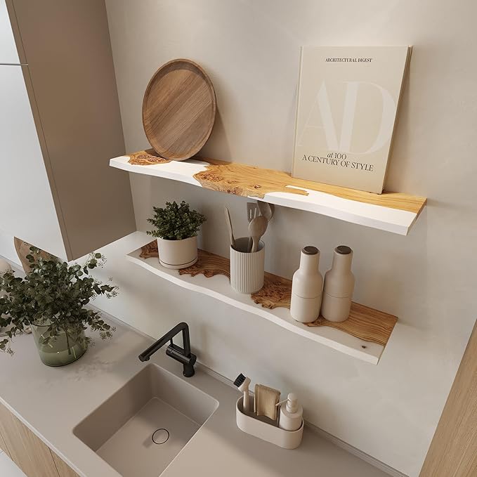 RWA Live Edge Floating Shelf – Unique Wood Floating Shelf for Wall Decor, Living Room, Bedroom, or Bathroom – Stylish Decorative Wall Shelves for Home & Office (White, 16x6:)
