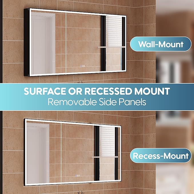 WELLFOR 60" X 30" LED Mirrored Medicine Cabinet, Medicine Cabinets with Lights for Bathroom, Defogging Function Mirror Cabinet, Bathroom Medicine Cabinet with USB Port & Outlet, Three Opening Doors