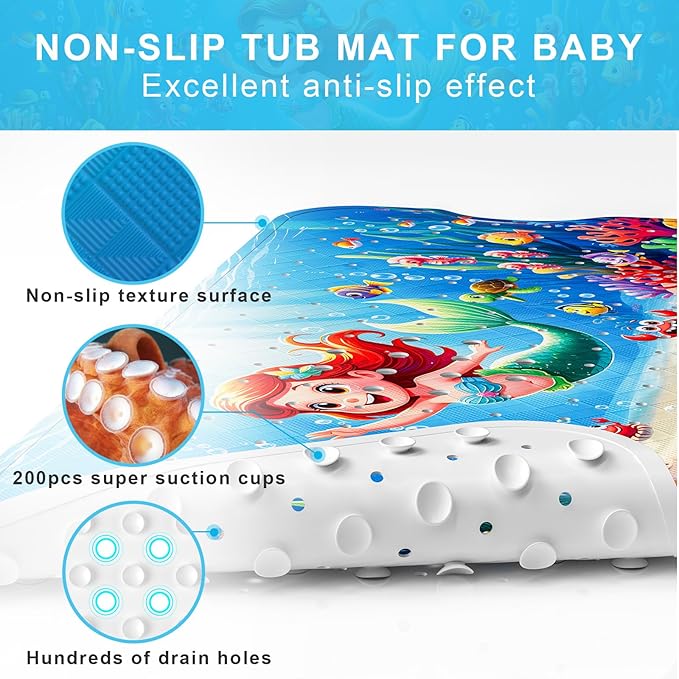 Upgrade Cartoon Baby Bath Mat Non Slip - 40"x16" Extra Long Bathtub Mat for Baby Eco Friendly Durable Bath Mat for Tub Non Slip Kids Tub Mat with Suction Cups, Machine Washable and No Fading, Mermaid
