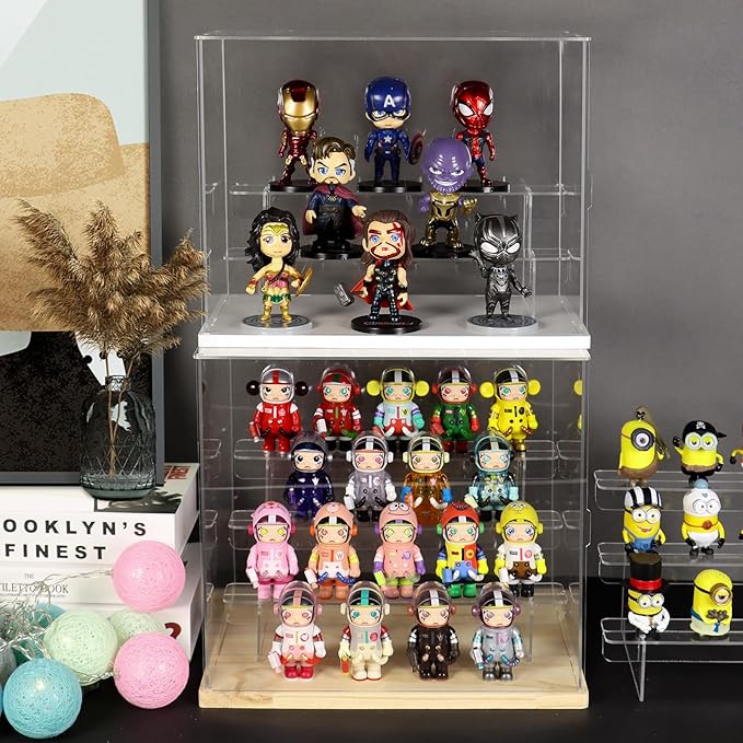 Choowin 4 Tier Clear Acrylic Display Case for Collectibles, Mini Figures, Pop Mart, Labubu, Sonny Angel, Smiski - Assemble Dustproof Acrylic Display Box with Door, Stand (Black Base, Clear Step)