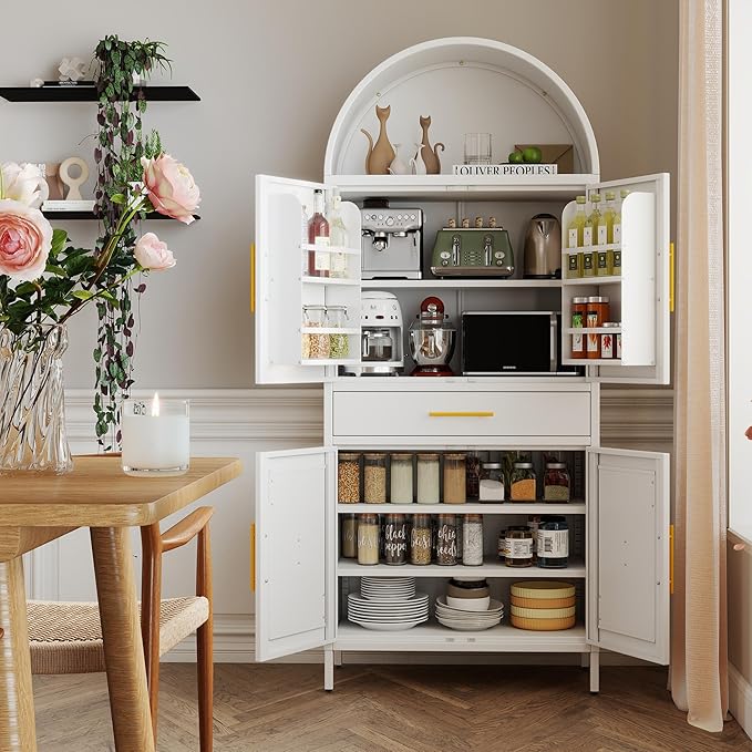73” Kitchen Pantry Cabinet with 1 Drawer, Arched Storage Cabinet with Doors and Adjustable Shelves, Tall Freestanding Cupboard for Kitchen,Living Room, Bathroom, White