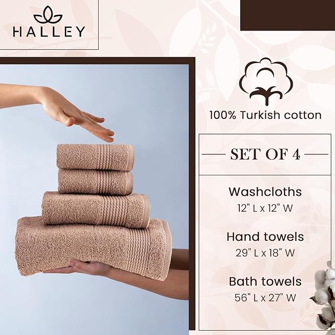HALLEY Turkish Cotton Towels (Set of 4) 1 Bath Towel 1 Hand Towel 2 Washcloths, Super Soft Highly Absorbent 100% Cotton Towels for Bathroom and Kitchen for Mother’s Day (Taupe)