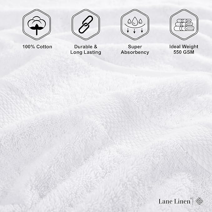 LANE LINEN 100% Mercerized Cotton Luxury Bathroom Towel Set - 16 Pcs - Super Soft, Fluffy & Highly Absorbent - 4 Bath Towels, 8 Washcloths, 4 Hand Towels - Complete Family Pack - White Bath Towel Set