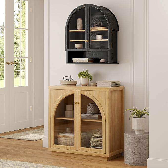 Large Arched Wall Cabinet with Acrylic Door, Wood Wall Mounted Bathroom Cabinet, Modern Hanging Medicine Cabinet with Adjustable Shelf and Open Shelf, Black/Oak