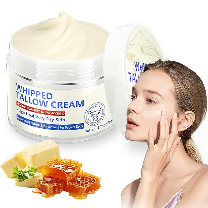 Beef Tallow for Skin, Natural Beef Tallow for Face, 100% Organic Grass Fed Finished Whipped Tallow and Honey Balm, Tallow Cream for Skin Care, Tallow Face Moisturizer Body Lotion