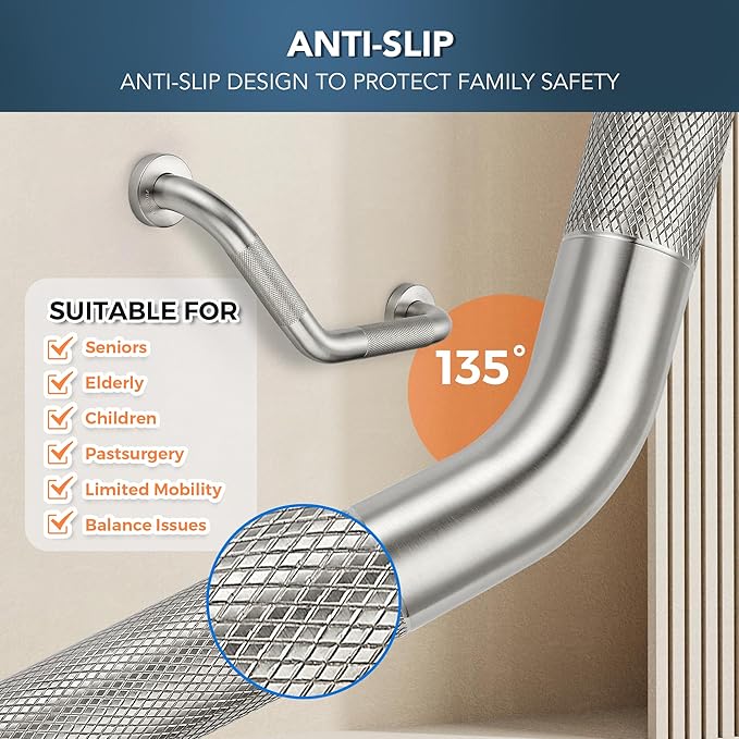 Grab Bars for Bathtubs and Showers- 1-1/4 x 16 Angled Shower Grab Bar for Seniors Knurled Stainless Steel Handicap Grab Bars for Wall (Brushed Nickel, 2 Pack)