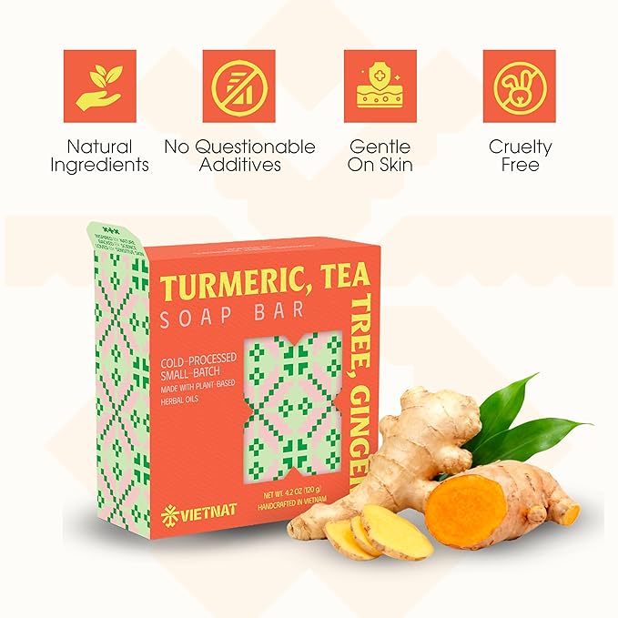 Turmeric, Tea Tree & Ginger Luxurious Natural Soap Bar (4.2 oz) | Gentle Exfoliation & Refreshing Lather | Cold-Processed, Handmade in Vietnam (Pack of 1)