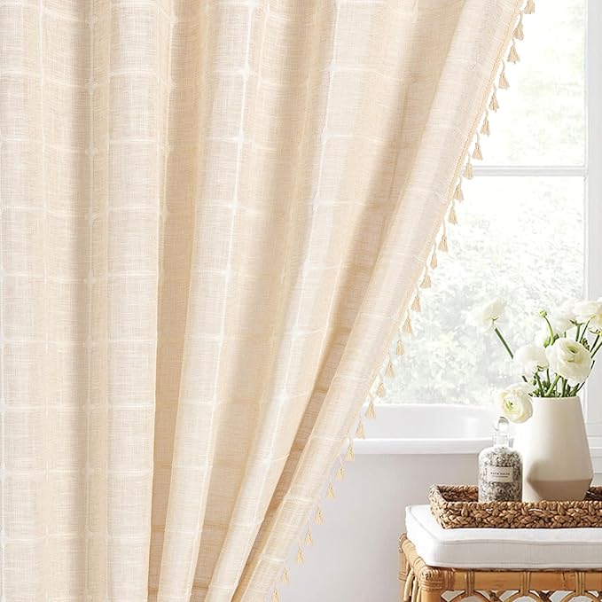 MitoVilla Cream Boho Farmhouse Shower Curtain Set 72 x 78, Beige 78 inch Long Polyester Linen Tassel Fabric Shower Curtain Set for Chic Cottagecore French Rustic Bathroom Decor