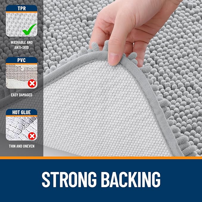 OLANLY Bathroom Rugs Sets 2 Piece, Soft Absorbent Chenille Bath Mats and U-Shaped Contour Toilet Mat Area Rug Set, Machine Washable Bath Carpet, Home Decor Accessories(30"x20"+24"x20", Light Grey)