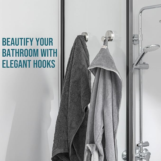 TAILI Stylish 304 Stainless Steel Bathroom Suction Hooks for Towel, Bathrobe, Loofah, No Damage Hanging Glass Shower Wall Hook, Patented Strong Suction Cup Holder, Hold Up to 11 Lbs, O-Cylinder Silver
