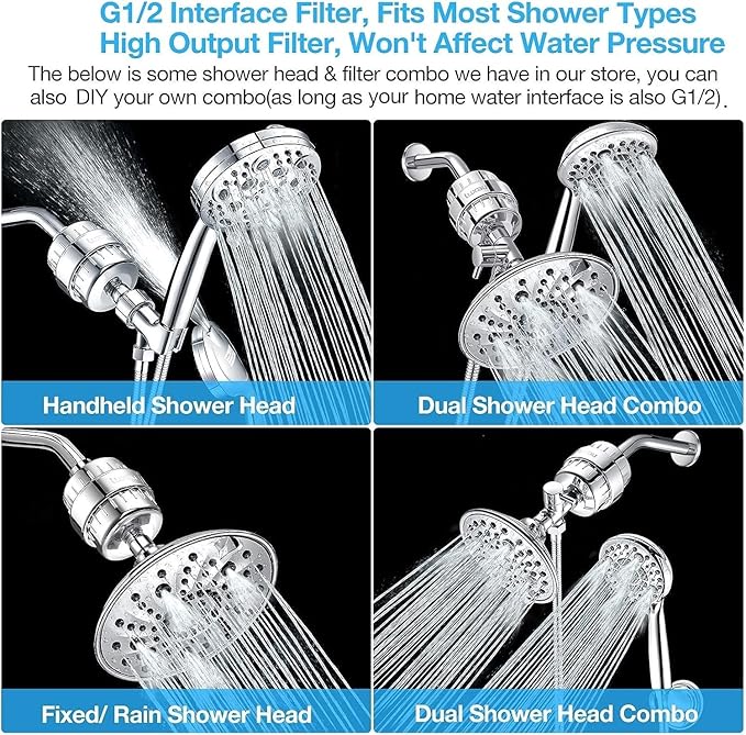 Heavy Duty Shower Filter, Chlorine Hard Water Filter Softener Purifier, with 2 Filter Cartridges, Fits Universal Handheld Shower Head Fixed Rainfall Bath Fixture, Chrome