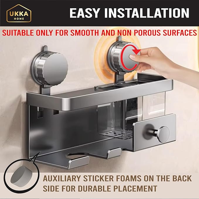 Suction Cup ALUMINUM Hair Dryer Storage Organizer with Shelf & Hooks for Bathroom. Reusable, Rustproof, No Drill, No Tools. Multifunctional, Hang Towel, Loofah, Sponge (2 Cups, Gray)