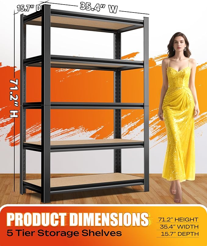Set of 2 Heavy Duty Garage Shelving, 5-Tier Storage Shelves, 2000LBS Metal Shelf, Adjustable Shelving Unit, for Basement, Kitchen, Warehouse, Pantry, 15.7" Dx35.4 Wx71.2 H, Black
