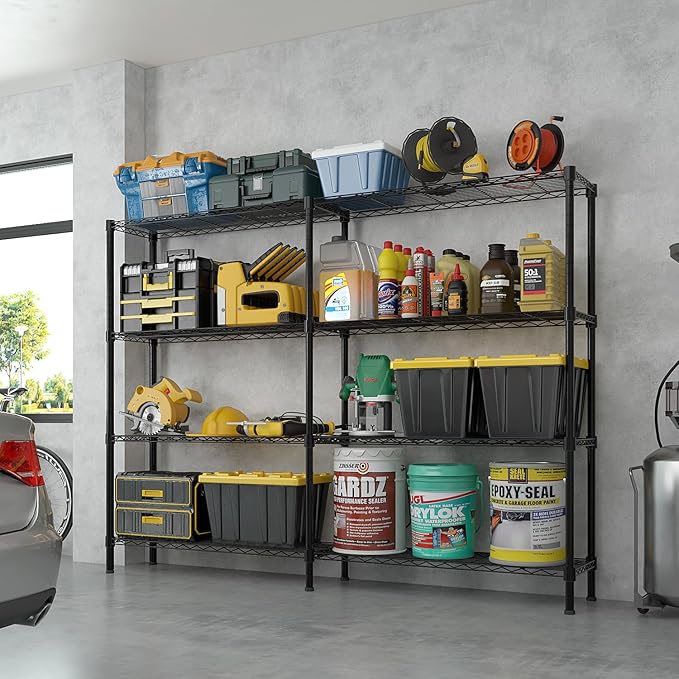 4 Tier Storage Racks Shelving, Heavy Steel Pantry Shelves, Adjustable Wire Shelving Rack, Suitable for Garage, Kitchens, Offices, 58" W x 14" D x 59" H, Black