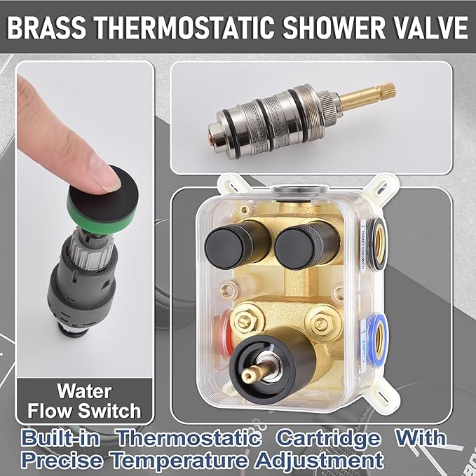 Thermostatic Shower Valve/System 12 inches Black Brass Faucet Set With Diverter/Mixer With Handheld Rain Head High Pressure Modern Rainfall