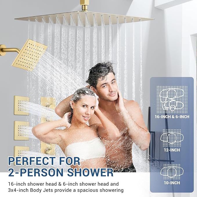 Thermostatic Dual Shower System with 4-Inch Body Jets, Ceiling 16" Rainfall Shower & Wall Mount 6-Inch Shower Head, Brushed Gold Luxury Shower Faucet Set with Handheld Sprayer