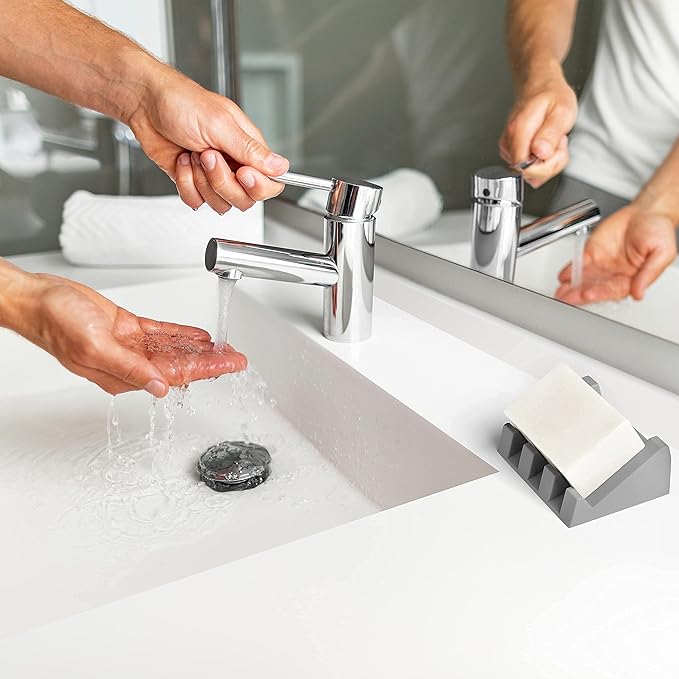 Silicone Soap Dish (USA Patented) Self Draining Bar Soap Holder for Shower Bathroom Sink, Drying Soap Dish Tray Kitchen Sponge Holder Easy Cleaning Soap Saver Mat (Light Grey, 1)