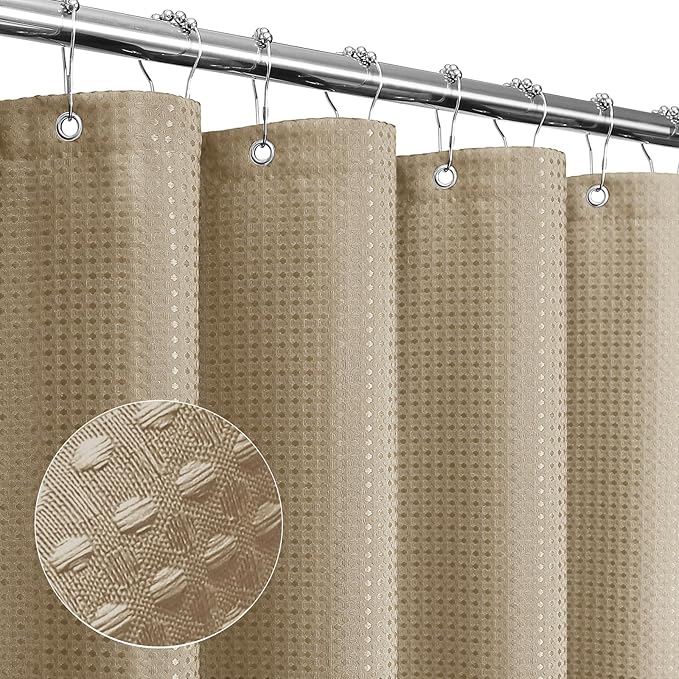 Gibelle Extra Long Shower Curtain 72 x 84, Tall Waffle Weave Textured Fabric Shower Curtain for Bathroom, Water Repellent, Machine Washable, Beige