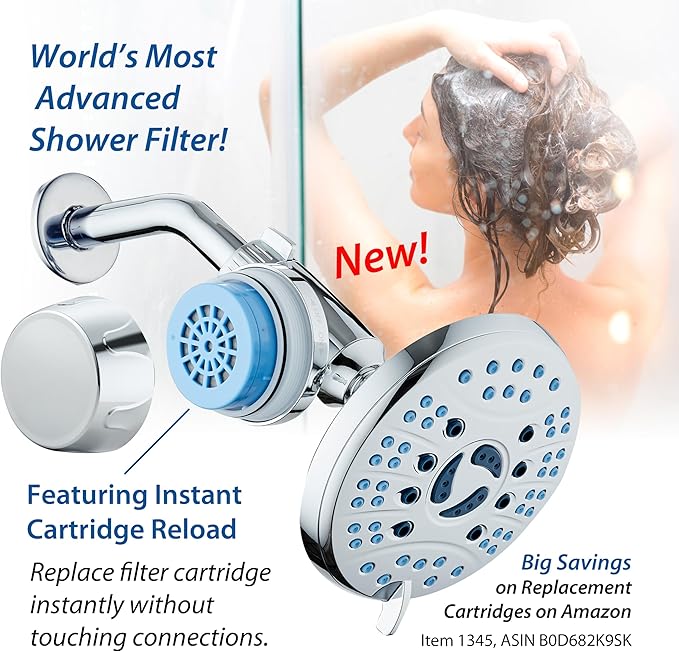 AquaCare Skin & Hair - World's Only Universal Shower Water Filter for All Shower Head Types with ON/OFF Filtration Modes, Instant Cartridge Reload & Stay-Clean American KDF Cartridge, Chrome Finish