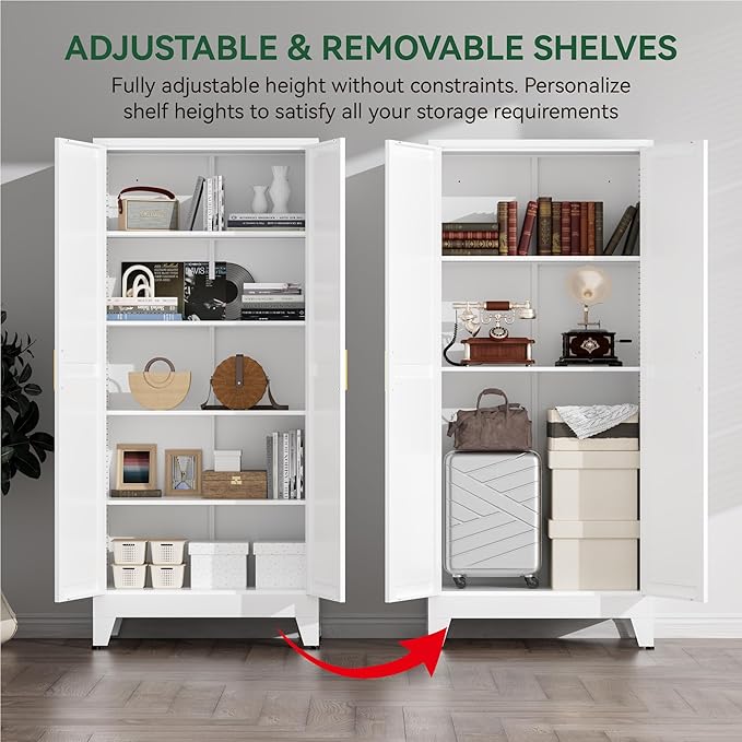 Metal Cabinets with Barn Doors and Adjustable Shelves,71" Tall Storage Cabinet,5-Tier Storage Cupboard for Kitchen,Dining Room,Garage,Bathroom,White