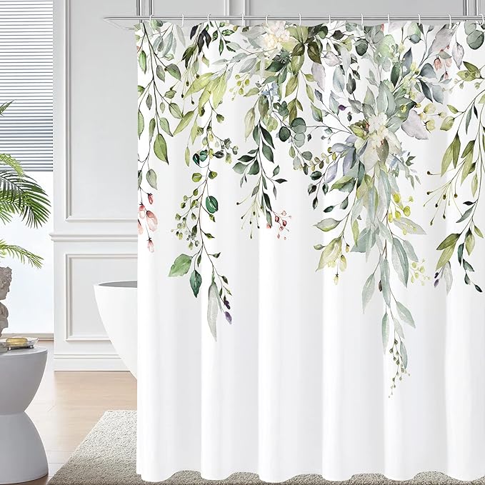 Gibelle Sage Green Eucalyptus Shower Curtain, Watercolor Plant Leaves with Floral Bathroom Decor Waterproof Fabric Shower Curtain Set 72x72 Inch White