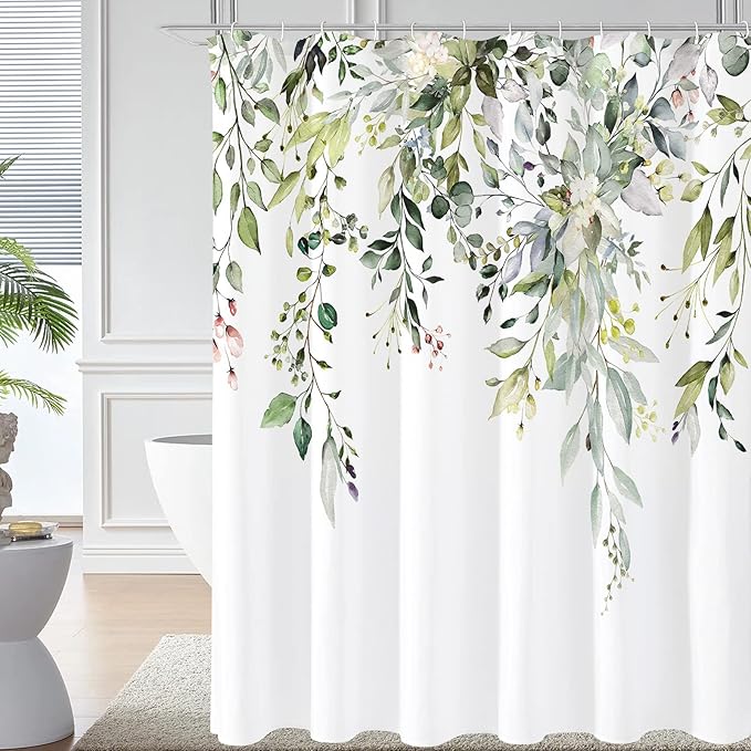 Gibelle Extra Long Shower Curtain 72 x 84, Tall Sage Green Floral Fabric Shower Curtain, Watercolor Plant Eucalyptus Leaves Bathroom Curtains Shower Set