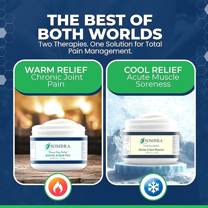 Sombra Warm & Cool Pain Relief Gel, Warm Relief for Arthritis and Chronic Pain Pre-Workout Muscle Rub, Cold for Swelling, Soreness, Post-Workout, Free of Artificial Fragrances, 4oz Per Jar