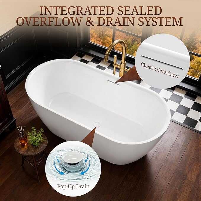 59" Acrylic Freestanding Bathtub, Deep Soaking Tub with Integrated Overflow and Drain, Oval Stand Alone Tub, Modern Bathtubs for Bathroom, cUPC Certified(Glossy White)