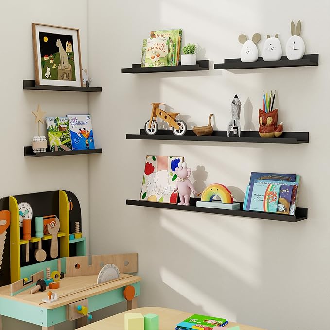 Axeman Picture Ledge Shelf, Floating Shelves for Wall Decor Storage Set of 6, 55 inch Floating Wall Mounted Shelves, Shelves with Lip for Living Room, Bedroom, Nursery, Bathroom, Kitchen, Black