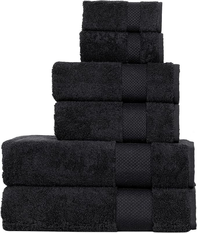 Hencely 6-Piece Bath Towel Set - High Absorbency, Quick Drying - 100% Soft Turkish Cotton - 2 Bath Towels, 2 Hand Towels, 2 Washcloths - for Bathroom, Home, Hotel, Spa, and Gym - 6-Pack Black