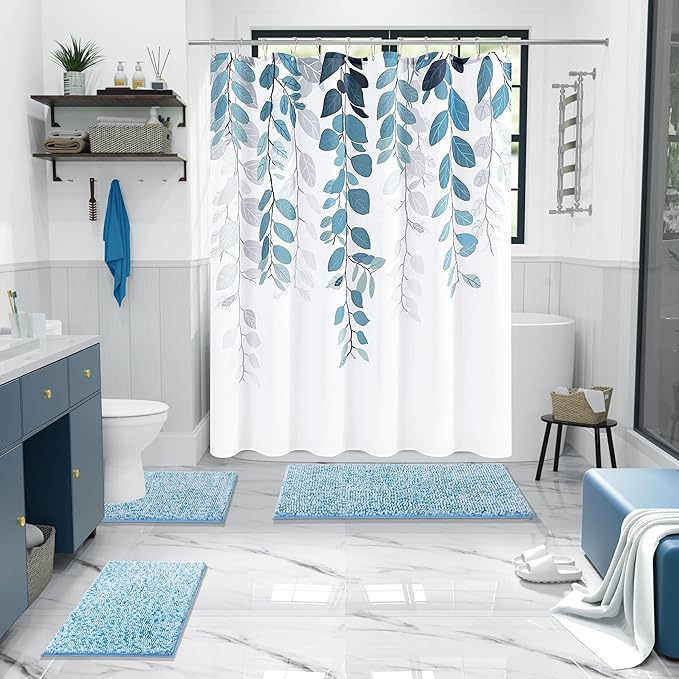 Yimobra Luxury Chenille U-Shaped Toilet Rug, Super Soft Shaggy Contour Bath Mat for Bathroom Floor, Fluffy, Water Absorbent, Non Slip, Machine Washable, Dry Quickly, 24''x 20'', Blue & Light Blue