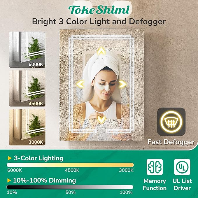 TokeShimi 20x32 Lighted Medicine Cabinet Mirrored, Anti-Fog Tempered Bathroom LED Mirror with Storage 3 Color Stepless Dimming, CRI 80+, Memory Funtion, Surface Mount Medicine Cabinet with Light