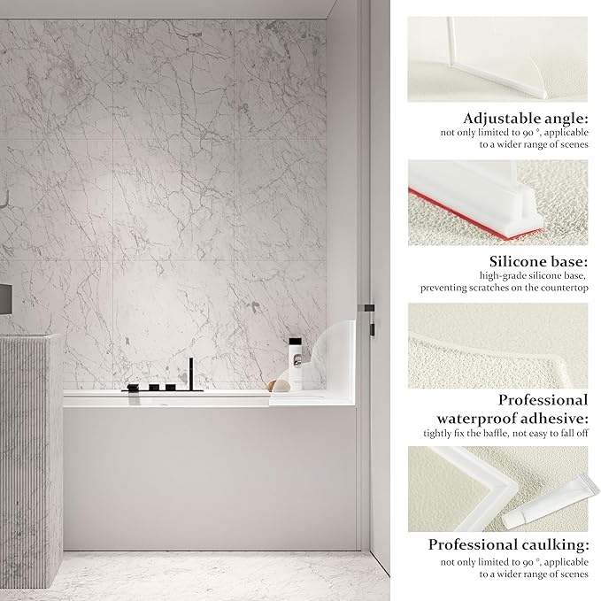 Splash Guard for Bathtub, 4 Pack Bathtub Splash Guard with Adjustable Angle, Silicone Base, and Professional Waterproof Adhesive, Shower Water Guard with Enlarged and Widened Design, 9.25x9.25 Inch