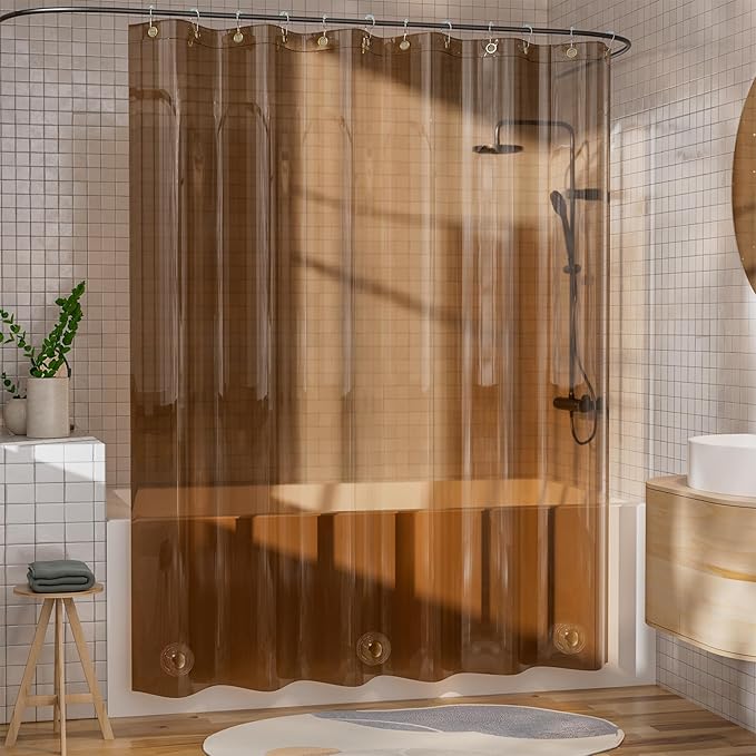 AmazerBath Shower Curtain Liner, 100% EVA Soft Clear Amber Heavy Duty Shower Curtain and Liner 2-in-1, 72x72 Luxury Plastic Weighted Bathroom Shower Liner, 12 Rustproof Grommets & 3 Heavyweight Stones