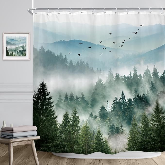 Riyidecor Long Green Shower Curtain 72Wx78H Inch Mountain Scenery Natural Pine Tree View Rustic Scene Landscape Netural Mens Women Bathroom Decor Fabric Polyester Waterproof 12 Pack Hooks