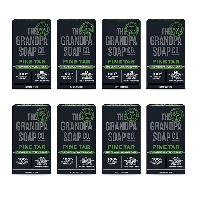 The Grandpa Soap Company Pine Tar Bar Soap for Men- Made With Pine Tar Oil, 3 in 1 Cleanser Deodorizer and Moisturizer, Dermatologist Tested, Safe for Sensitive Skin, 4.25 Oz, 8 Pack