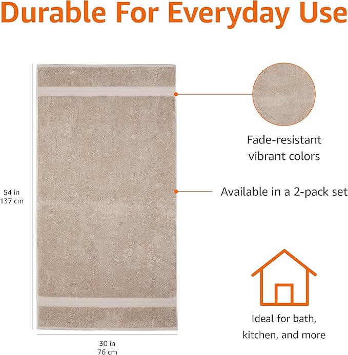 Amazon Basics Fade-Resistant 100% Cotton Bath Towel, 2 Pack, 30"x54", Taupe