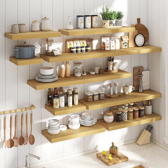 36 Inch Floating Shelves for Wall Set of 2, 12"D Wood Grain Bathroom Shelves with Invisible Brackets, Easy Install Engineered Wood Storage Shelves for Kitchen, Living Room, Bedroom, Oak Finish
