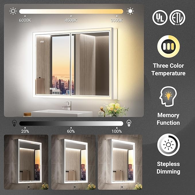 20x26 Lighted Medicine Cabinet with Beveled Mirror & Clock, Surface or Recessed Mirrored Medicine Cabinet with Dimmable Light Anti-fog, Built-in Sensing Light & Outlet, Soft-Close Right Hinge